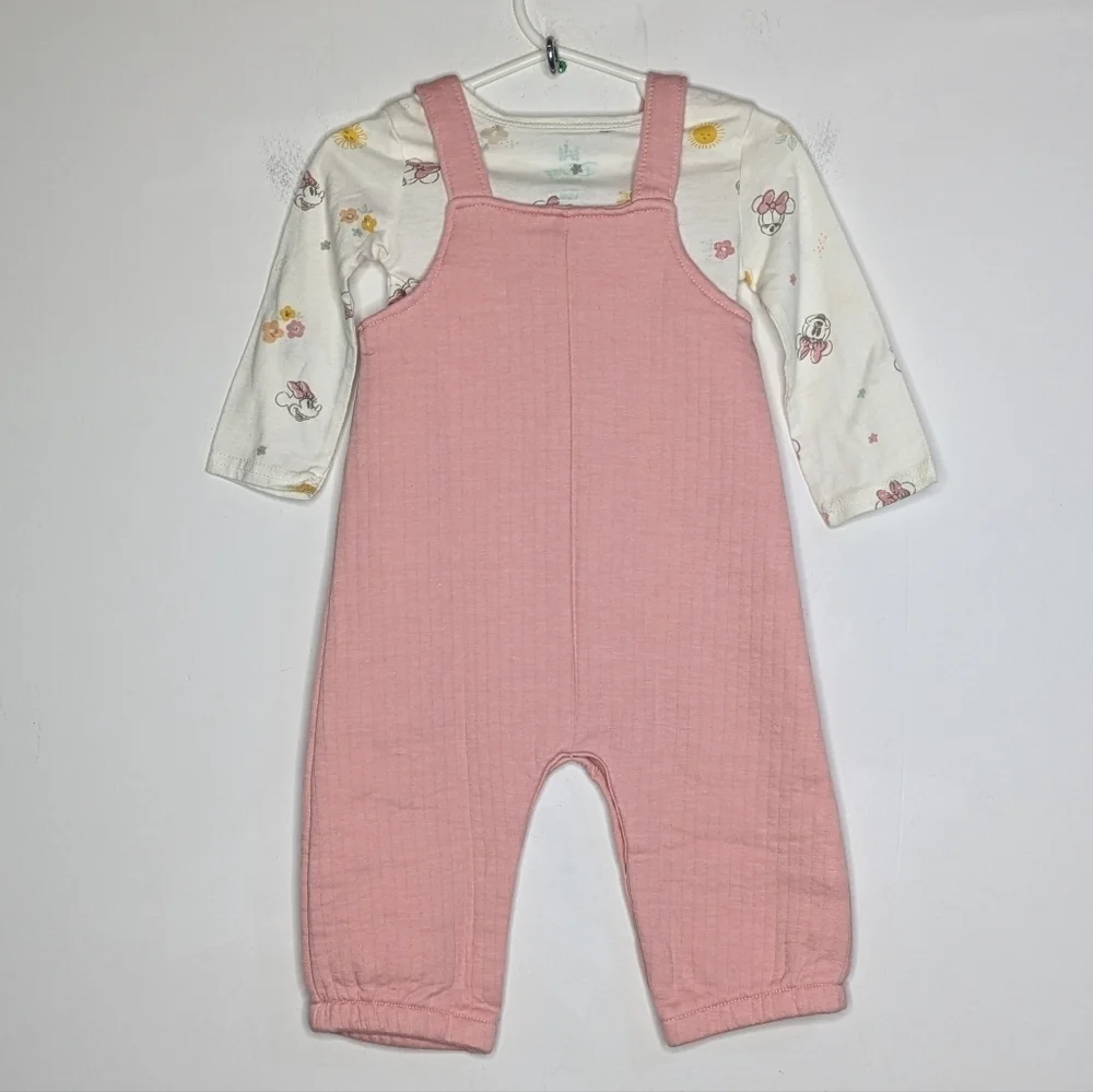 Disney Baby Pink White Minnie Mouse Overall Onesie Set 12Mo